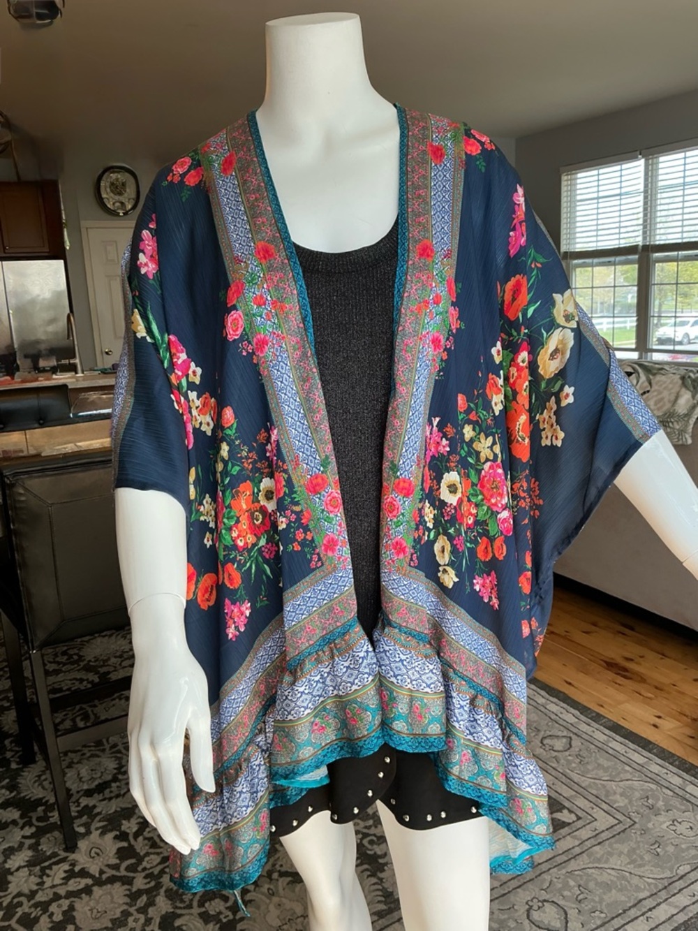 Umgee Bohemian Flowy Ruffle Kimono Wrap Summer Multicolor Relaxed Hippie SZ M/L